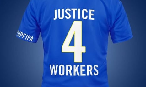 One of the specially designed shirts, calling for justice for workers, handed to Fifa officials in Zurich by two human rights groups.