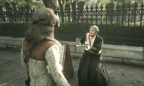 A screenshot from one of the videos published by Shirrako showing his character attacking the suffragette