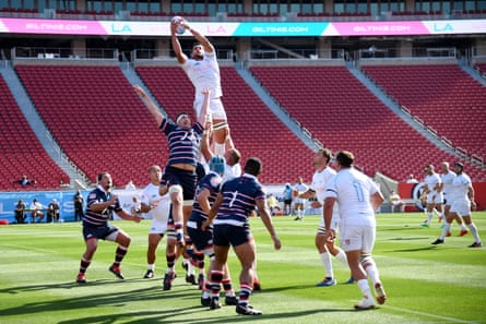 Dave Dennis of LA wins a line-out against New England at the Los Angeles Coliseum.