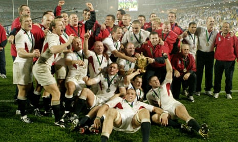 England celebrate with the Webb Ellis Cup