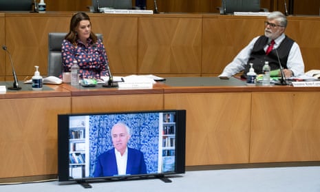 Former Prime Minister Malcolm Turnbull appears before the media diversity committee in the main committee room of Parliament House in Canberra via video conference this morning. Monday 12th April 2021. Photograph by Mike Bowers. Guardian Australia