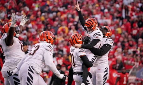 Cincinnati Bengals kicker Evan McPherson (center) celebrates his game-winning field goal against the Kansas City Chiefs