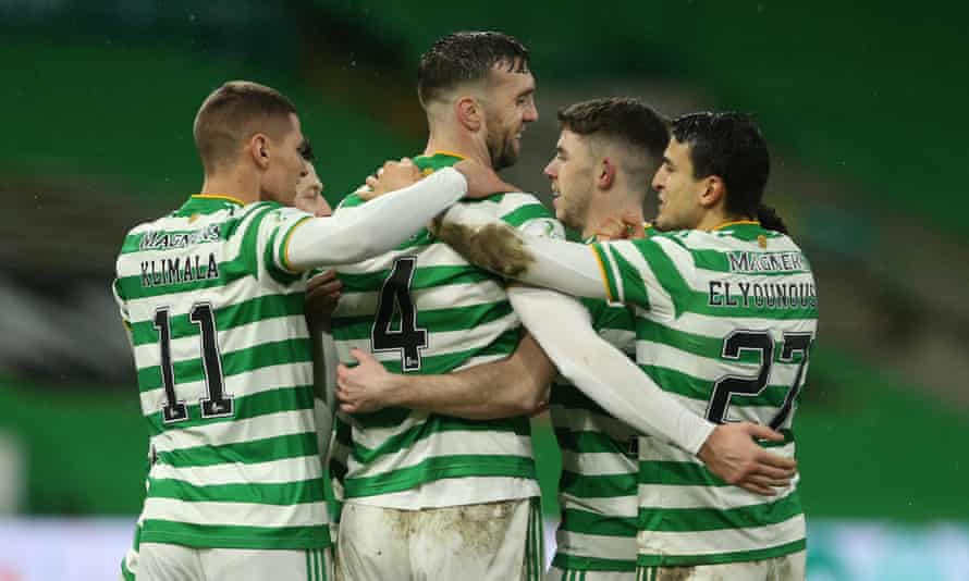 Shane Duffy (centre) celebrates his goal for Celtic.
