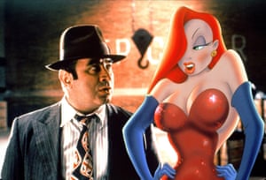 Bob Hoskins as Eddie Valiant and Kathleen Turner voicing Jessica Rabbit