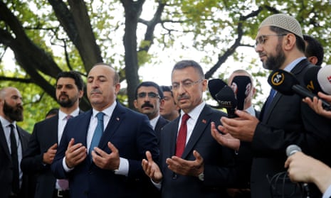 Vice president of Turkey, Fuat Oktay (C-R) and minister of foreign affairs of Turkey, Mevlut Cavusoglu (C-L) pray during their visit to Al Noor Mosque targeted in Friday’s twin terror attacks in Christchurch.