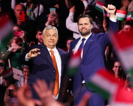 JD Vance (right) and Viktor Orbán in Budapest on 7 April 2026, before the prime minister’s historic election defeat.
