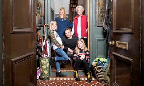 Nick Bright and Kathryn Whitehead at home in Bristol with their daughters and Rita Whitehead. 