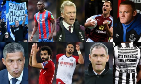 Clockwise from top left: Huddersfield fans, Christian Benteke, David Moyes, Chris Wood, Wayne Rooney, a Newcastle fan, Paul Clement, Nacer Chadli, Mohamed Salah and Chris Hughton.