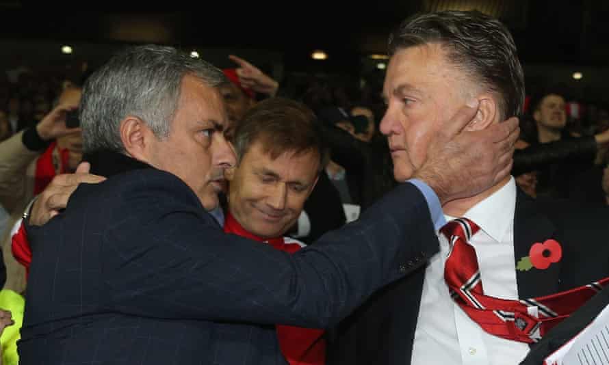 José Mourinho with Louis van Gaal at Old Trafford in October 2014