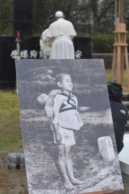 A photo taken by US marine Joe O’Donnell, showing a boy carrying his dead brother on his back after the Nagasaki bombing.