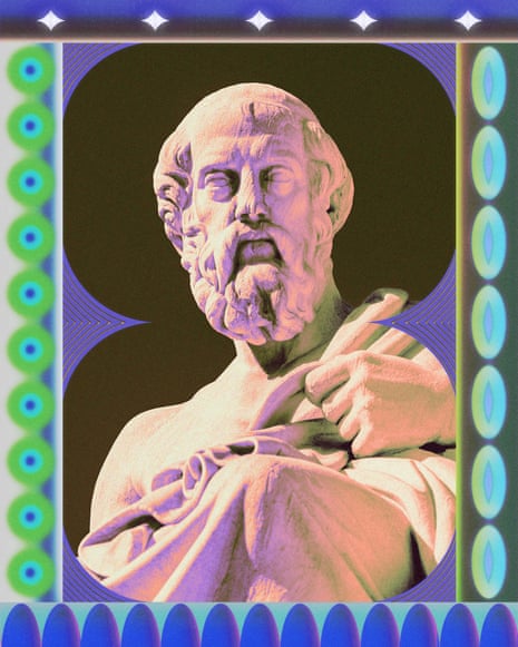 Statue of Plato surrounded by a colorful psychedelic border