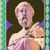 Statue of Plato surrounded by a colorful psychedelic border