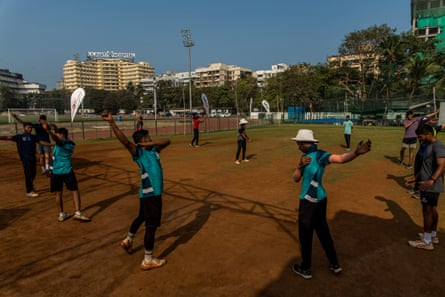 A group of players warming up at the Vasoo Paranjape Cricket Academy, where they train for an hour and a half from Monday to Friday. There are many academies in Mumbai, run by local coaches. Many former players also run academies, but those with their own grounds and adequate facilities will only be a handful. The others are all set up on the maidans.