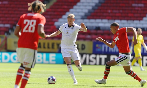 Swansea’s Harry Darling, a summer signing from MK Dons, in action against Charlton in a friendly.