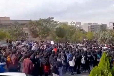An image grab from a user-generated video on Twitter reportedly taken on Saturday 22 October shows students protesting outside the Tabriz University of Medical Sciences.