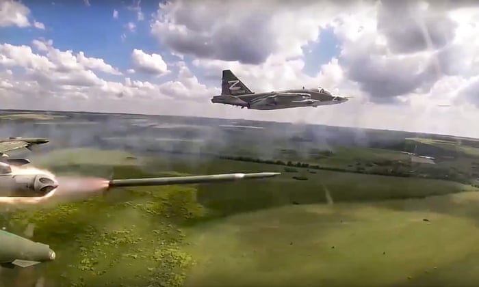 In this handout photo released by Russian defence ministry press service on July 2, 2022, a Russian Su-25 ground attack jet fires rockets on a mission at an undisclosed location in Ukraine. (Russian Defense Ministry Press Service via AP, File)