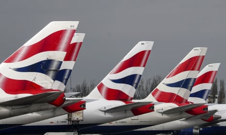 A line of British Airways planes at Heathrow Airport.