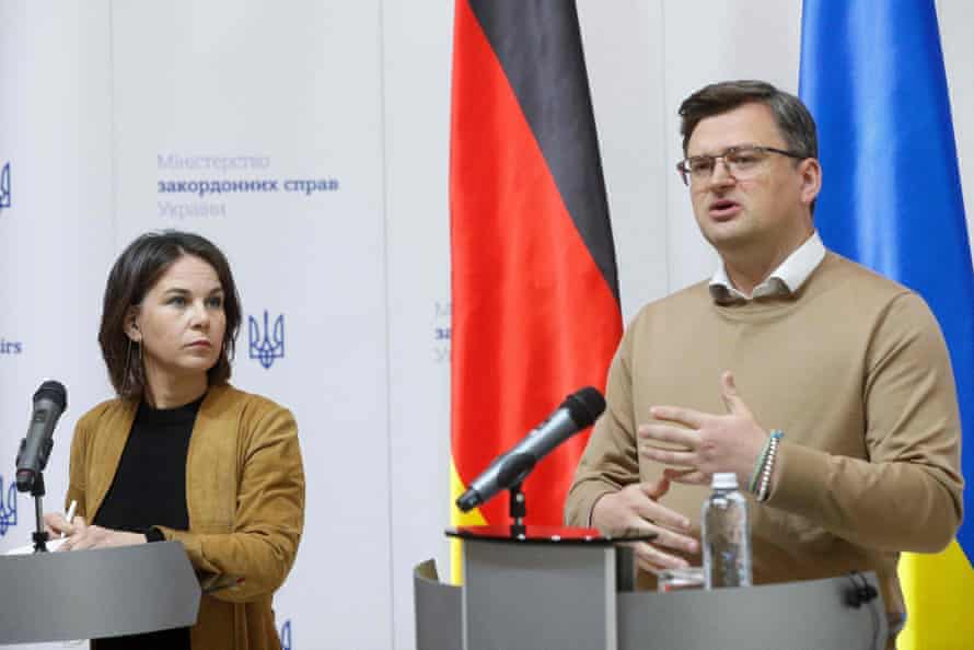 Germany’s foreign minister Annalena Baerbock (L) listens to Ukrainia’s foreign minister Dmytro Kuleba (R) during a joint news conference in Kyiv earlier this week.