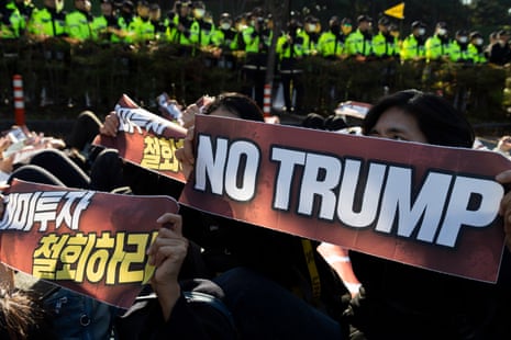 South Korean protesters shout slogans near the meeting venue of US President Donald Trump and South Korean President Lee Jae Myung during a rally against Trump's visit to attend the Asia-Pacific Economic Cooperation (APEC) forum in Gyeongju, South Korea, 29 October 2025.