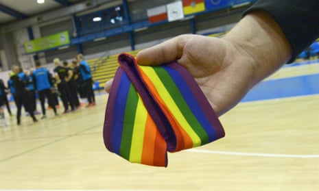 The banned captain’s armband is pictured at the AWF arena in Wroclaw, Poland