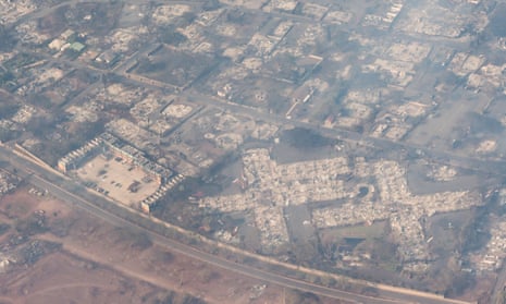 An arial view of buildings damaged in Lahaina, Hawaii as a result of a large wildfire which has killed 6 people and forced thousands of evacuations on the island of Maui in Hawaii, USA, 9 August 2023.