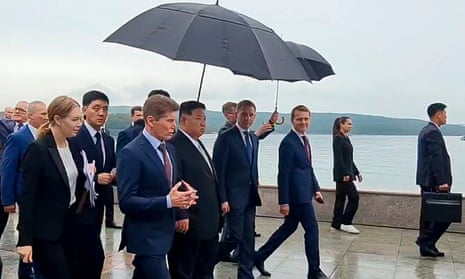Kim Jong Un visits the Far Eastern Federal University in the Russky Island in Vladivostok, in an image from video released on Russian ecology minister Alexander Kozlov’s telegram channel.