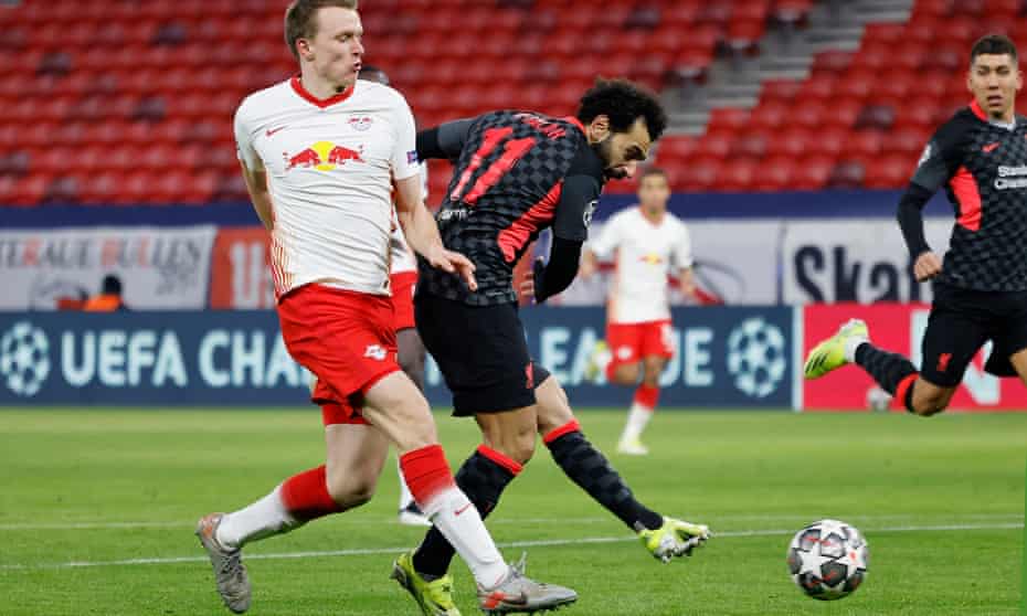Mo Salah scores Liverpool’s first goal in the first leg against RB Leipzig