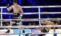Naoya Inoue celebrates a knockdown of Luis Nery in the second round of their title fight