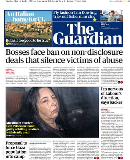 The front page of the Guardian, Tuesday 8 July 2025.
