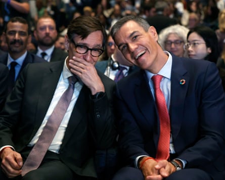 Pedro Sanchéz (R) with Salvador Illa at a Unesco conference in Barcelona in September