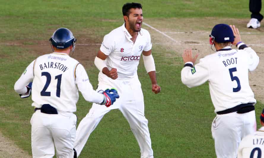 Azeem Rafiq celebrates a wicket in 2012 with his Yorkshire teammates Joe Root and Jonny Bairstow