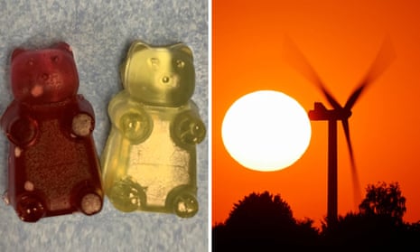 Two gummy bears made from the composite resin that could be used to make wind turbine blades