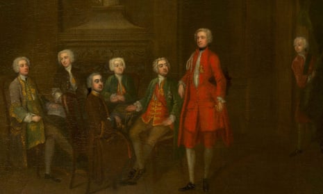 Prince Frederick (far right) intrudes on a meeting of the ‘Henry the Fifth’ Club, in a painting attributed to Charles Philips.