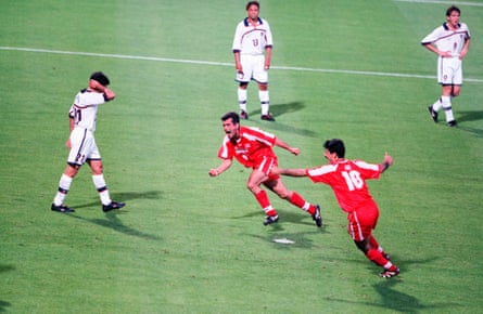 Iran celebrate after scoring against the US at the 1998 World Cup.