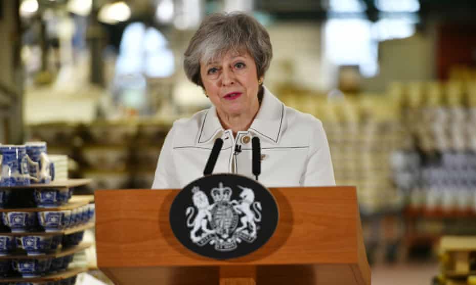 Theresa May making a speech during a visit to the Portmeirion pottery factory in Stoke-on-Trent on Monday