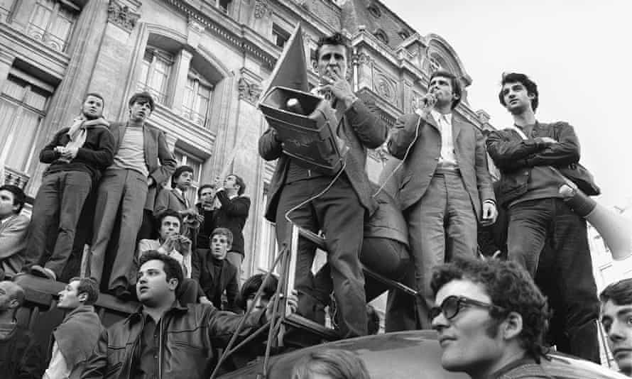 Students’ and workers’ leaders at a protest in Paris in May 1968
