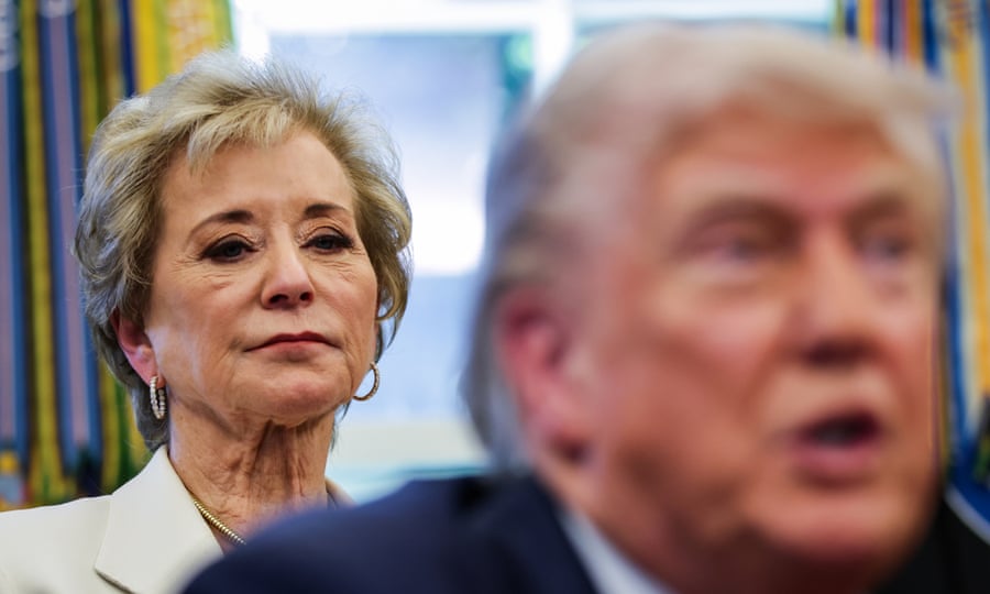 President Trump and Education Secretary Linda McMahon in Oval Office, 2025