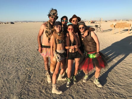 Marc Girod and a group of friends dressed in festival gear at Black Rock desert in Nevada