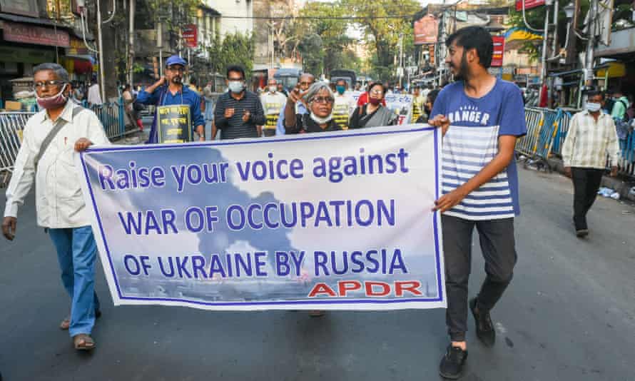 Activists protest in Kolkata, India, against Russia’s invasion of Ukraine.