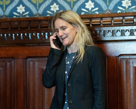 Kim Leadbeater on the phone to Dame Esther Rantzen in the Houses of Parliament