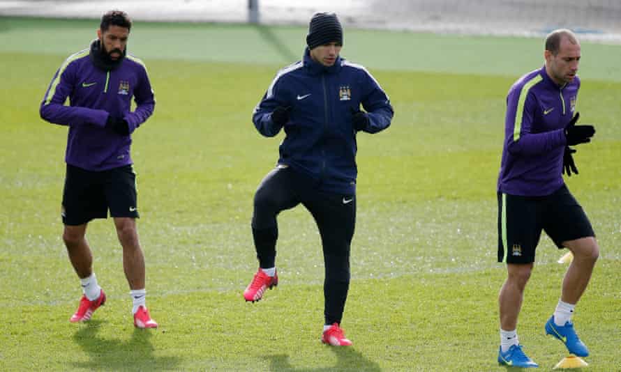 Gaël Clichy (left) trains with Sergio Aguero and Pablo Zabaleta in February 2015.