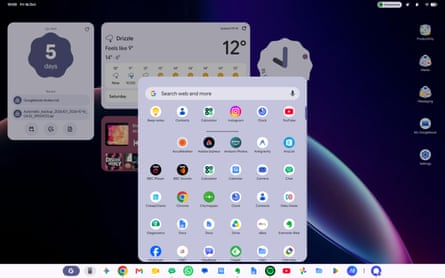A screenshot of Googlebook OS showing the desktop with widgets and the app drawer open from the taskbar.