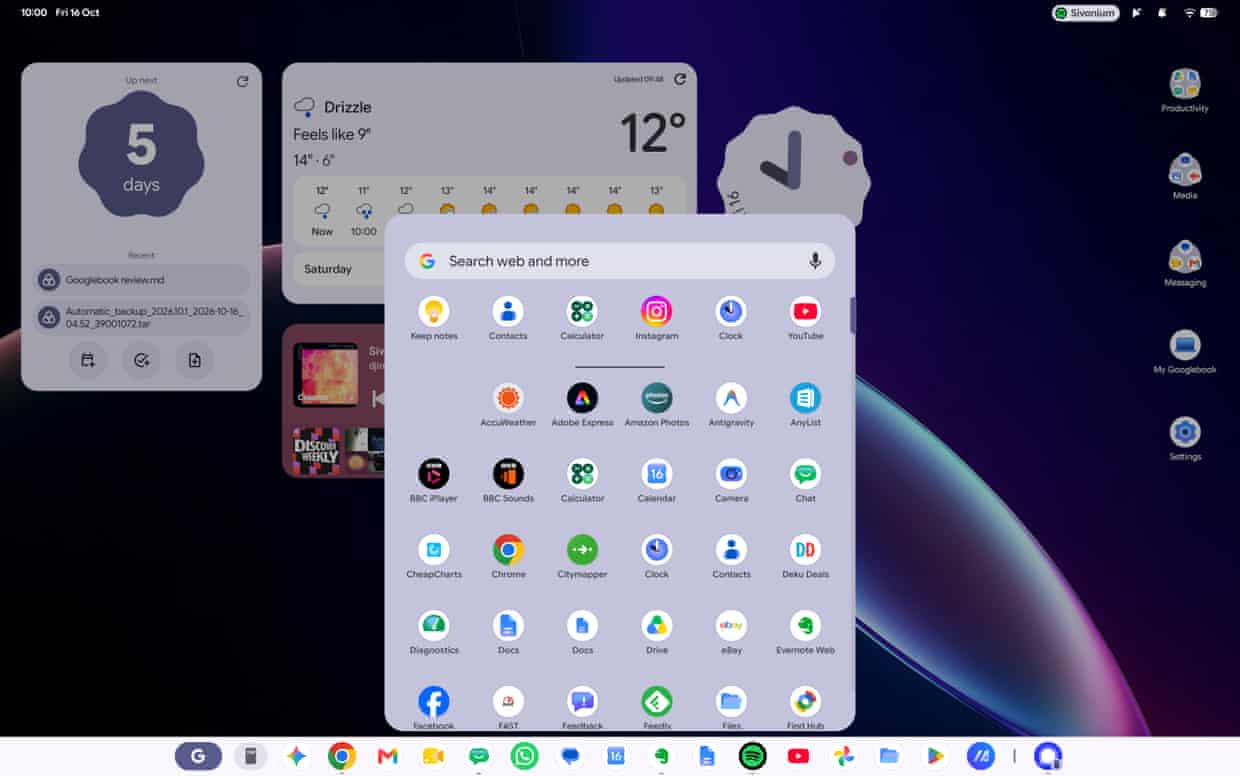 A screenshot of Googlebook OS showing the desktop with widgets and the app drawer open from the taskbar.
