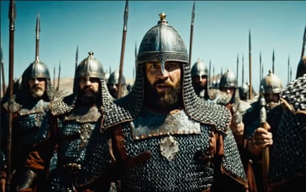 Screenshot from AI-generated series Castle Walls, showing soldiers in medieval-style helmets and chain mail