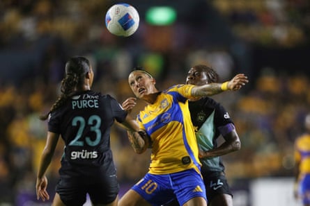 Jenni Hermoso of Tigres vies with players from Gotham FC during the Concacaf Champions Cup final.