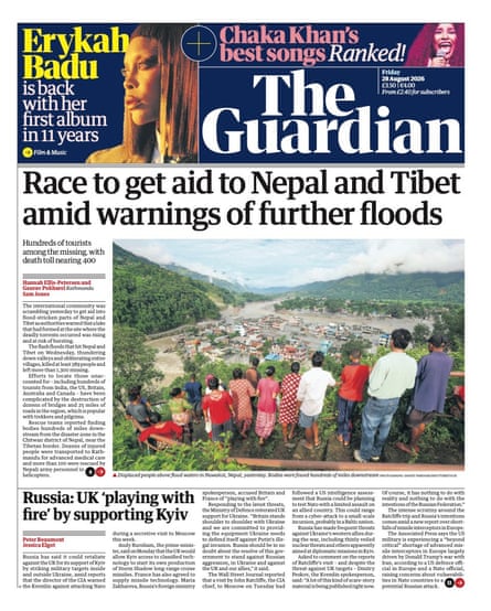 Front page of the Guardian 28 August 2026