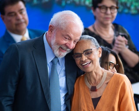 Luiz Inácio Lula da Silva and Marina Silva smile during an event to commemorate the International Amazon Rain forest Day in September 2023