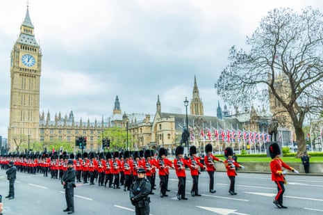 The band and an honour guard from the Coldstream Guards outside the Houses of Parliament during the State Opening ceremony.