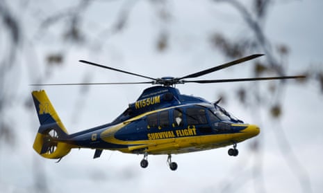 A medical helicopter responds after a driver crashed a vehicle through a building on 20 April 2024, in Berlin Township, Michigan.