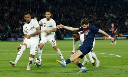 Khvicha Kvaratskhelia hammers home PSG’s second goal against Aston Villa.